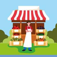 salesman with stall kiosk of store vegetables vector