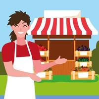 salesman with stall kiosk of store vegetables vector