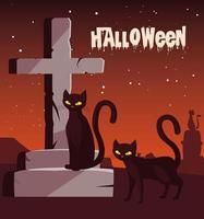 cartel de halloween con gatos en el cementerio vector