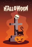 cartel de halloween con gato e iconos vector