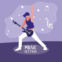 music festival poster with woman playing electric guitar vector