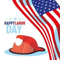 labor day card with helmet firefighter and flag usa vector