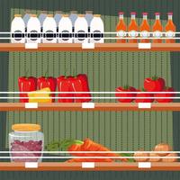 store wooden shelving with vegetables and bottled juices vector