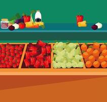 showcase wooden store with vegetables and fruits vector