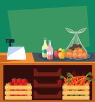 showcase store with fresh food and cash register machine vector