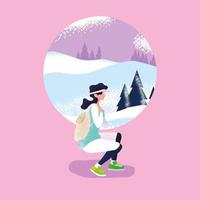 woman traveler in snowscape nature scene vector