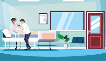 parents with newborn in stretcher hospitalization room vector