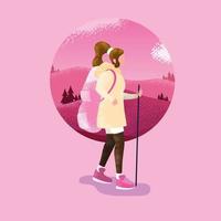 woman in landscape nature pink scene icon vector