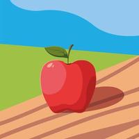 fresh apple fruit in wooden table and landscape vector