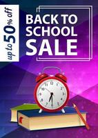 Back to school sale, purple vertical web banner with school books and alarm clock vector