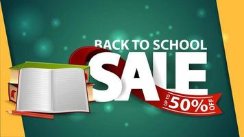 Back to school sale, green web banner with school textbooks and notebook vector