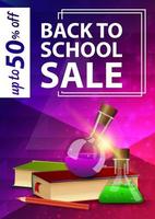 Back to school sale, pink vertical web banner with books and chemical flasks vector