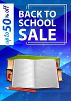 venta de regreso a la escuela, banner web vertical azul con libros de texto escolares y cuaderno vector