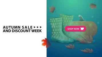 Autumn sale and discount week, horizontal discount web banner with rubber boots and pumpkin vector