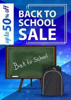 Back to school sale, blue vertical web banner with school Board and school backpack vector