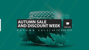 Autumn sale and discount week, green horizontal discount banner with jar of jam and maple leaves on the background vector