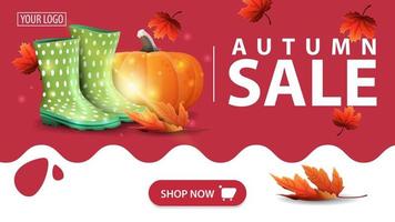 Autumn sale, red banner with rubber boots and pumpkin vector