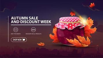 Autumn sale and discount week, discount banner with city on background, jar of jam and maple leaves vector
