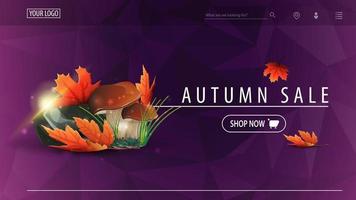 Venta de otoño, banner de descuento morado con textura poligonal, setas y hojas de otoño. vector