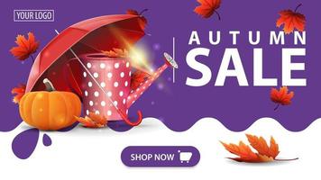 Autumn sale, purple banner with garden watering can, umbrella and ripe pumpkin vector