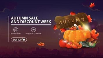Autumn sale and discount week, discount banner with city on background, harvest of vegetables and a wooden sign vector