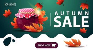 Autumn sale, green banner with jar of jam and maple leaves vector