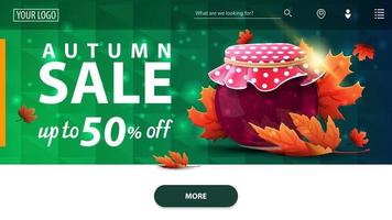 Venta de otoño, banner web horizontal verde moderno con tarro de mermelada y hojas de arce vector