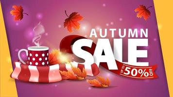 Autumn sale, pink web banner with mug of hot tea and warm scarf