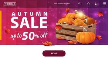 Autumn sale, modern pink horizontal web banner with wooden crates of ripe pumpkins and autumn eaves vector