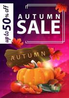 Autumn sale, pink vertical web banner with harvest of vegetables and a wooden sign