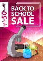 Back to school sale, pink vertical web banner with microscope, books and chemical flask vector