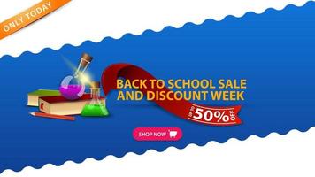 Back to school sale and discount week, blue banner with books and chemical flasks vector