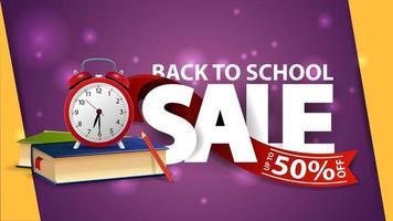 Back to school sale, purple web banner with school books and alarm clock vector