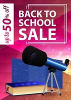 Back to school sale, pink vertical web banner with telescope, map of the constellations and the encyclopedia of astronomy vector