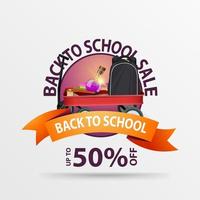 Back to school, round banner with cart and school supplies vector