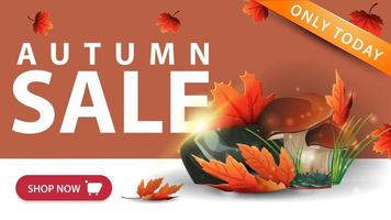 Autumn sale, modern orange discount banner with button, mushrooms and autumn leaves vector