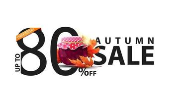 Autumn sale, white banner with 80 off, jar of jam and maple leaves vector