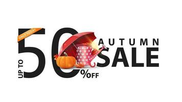 Autumn sale, white banner with 50 off, garden watering can, umbrella and ripe pumpkin vector