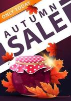 Autumn sale, purple vertical discount banner with jar of jam and maple leaves vector