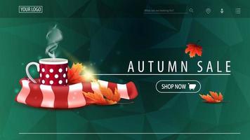 Autumn sale, green discount banner with polygonal texture, mug of hot tea and warm scarf vector