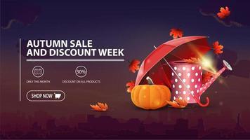 Autumn sale and discount week, discount banner with city on background, garden watering can, umbrella and ripe pumpkin vector