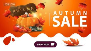 Autumn sale, orange banner with harvest of vegetables and a wooden sign vector