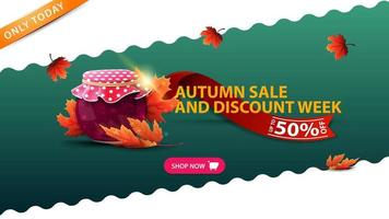 Autumn sale and discount week, green banner with jar of jam and maple leaves vector