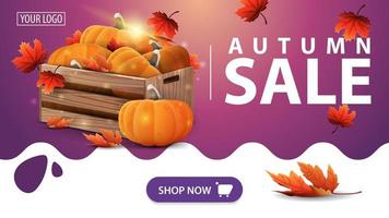 Autumn sale, pink banner with wooden crates of ripe pumpkins and autumn eaves