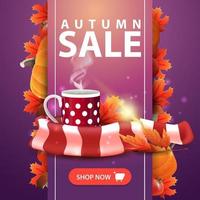 Autumn sale, web banner with ribbon, mug of hot tea and warm scarf vector