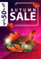 Autumn sale, pink vertical web banner with mushrooms and autumn leaves vector