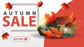 Autumn sale, white banner with mushrooms and autumn leaves vector