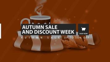 Autumn sale and discount week, orange horizontal discount banner with mug of hot tea and warm scarf on the background vector