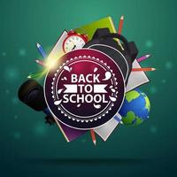 Back to school, round sign with logo, books, pencils, notebooks, alarm clock and backpack vector