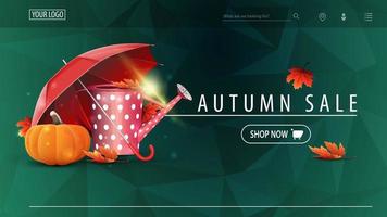 Autumn sale, green discount banner with polygonal texture, garden watering can, umbrella and ripe pumpkin vector